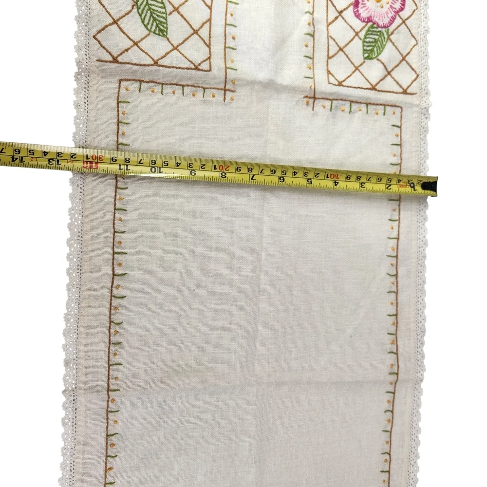 Vintage Hand-embroidered Linen Floral Table Runner Dresser Scarf 12